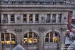 A view toward some of the Old National Bank ornamental designs from the northern rooftop of the Old National Bank building. 