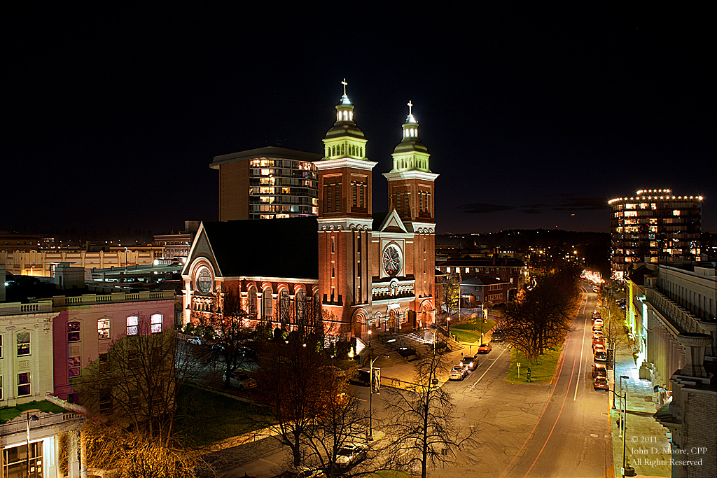 A  view of the Our Lady of Lourdes Cathedral in downtown Spokane