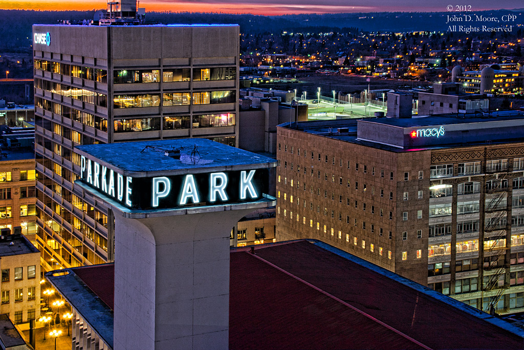 A view to the northwest of downtown Spokane, from the rooftop of the Old National Bank building.  
