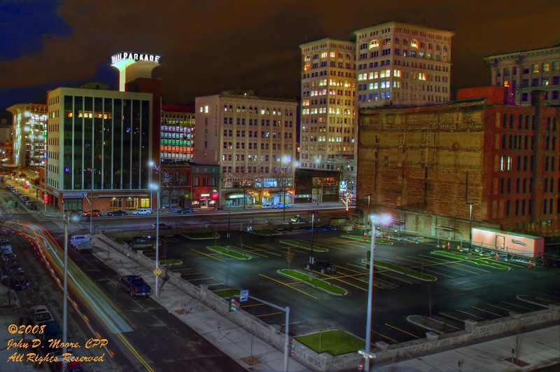 Northeasterly look past the Parkade and Old National Bank building.