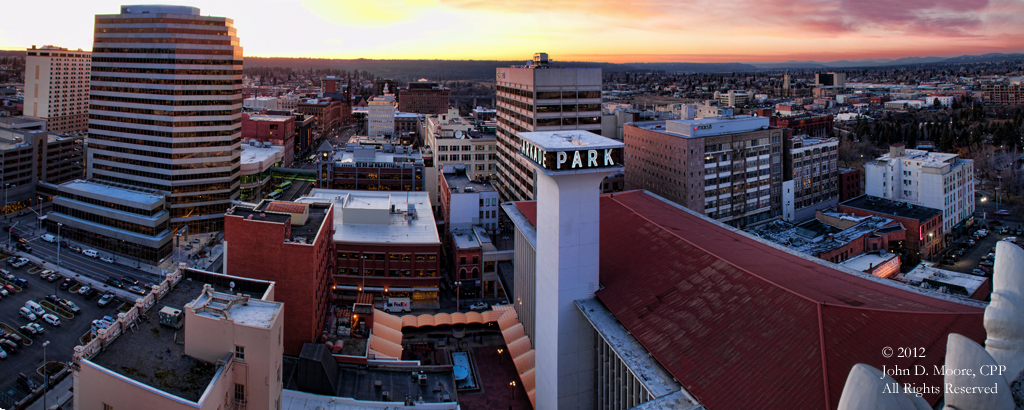 A view to the west of downtown Spokane, from the rooftop of the Old National Bank building.   