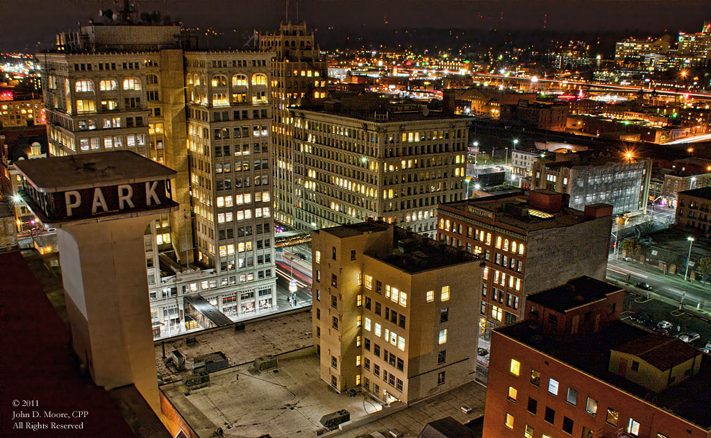 The Parkade building, the ONB building, and a look to the southeast from the roof of the 