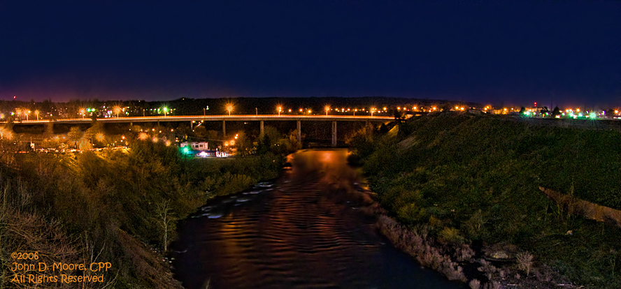 Spokane River, looking west toward Peaceful Valley and the Maple Street Bridge.