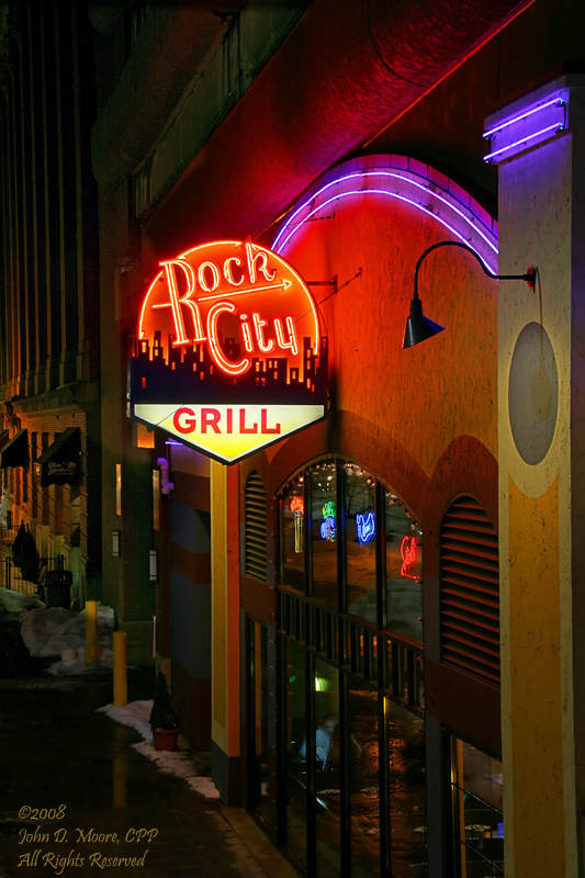 It is cold and icy in front of the Rock City Grill, Downtown, Spokane, Washington