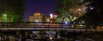 Cold and starry night,  reflections pool at Riverfront park on the Spokane river, Spokane, Washington