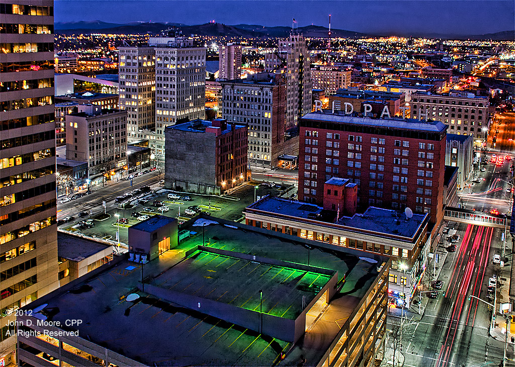A eastern view of downtown Spokane from the roof of the Davenport Hotel Tower