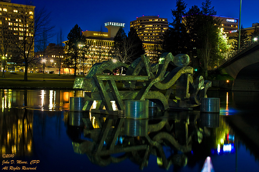 Spokane River, looking south toward downtown Spokane.  Spokane, Washington