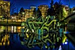 Spokane River sculpture, looking south toward downtown Spokane.  Spokane, Washington
