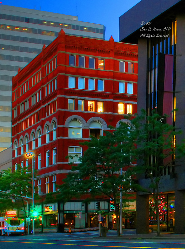 The last few minutes of daylight at Riverside and Post.  Downtown, Spokane, Washington