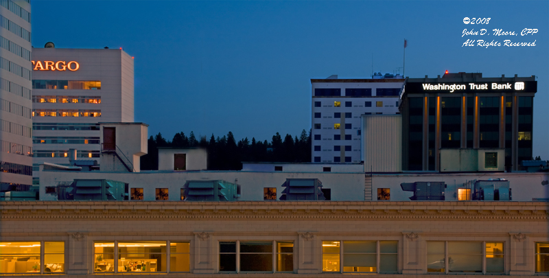 Aloof atop a Spokane Roof.  A south view of downtown Spokane roof areas.