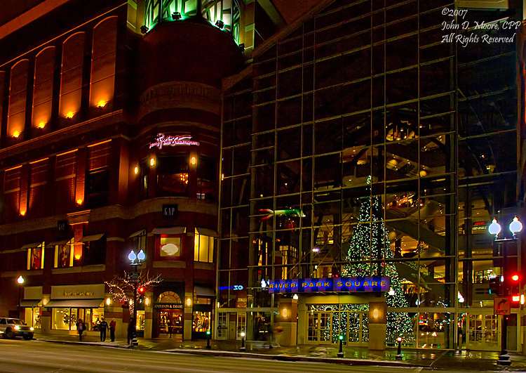 A cold and icy evening in front of Spokane's River Park Square, Spokane, Washington