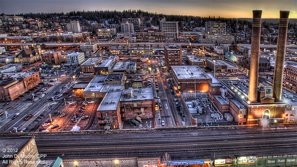 A southern view of downtown Spokane from the roof of the Davenport Hotel Tower