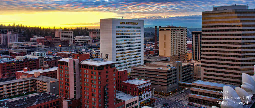 A view of downtown Spokane, to the southwest, from the rooftop of the Old National Bank building.