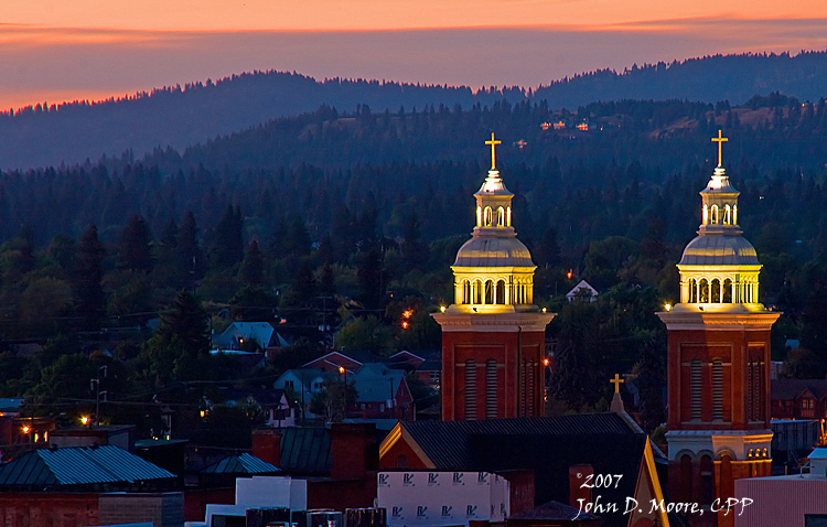   A look northwest at the spires of the Cathedral of Our Lady of Lourdes.  Spokane, Washington 