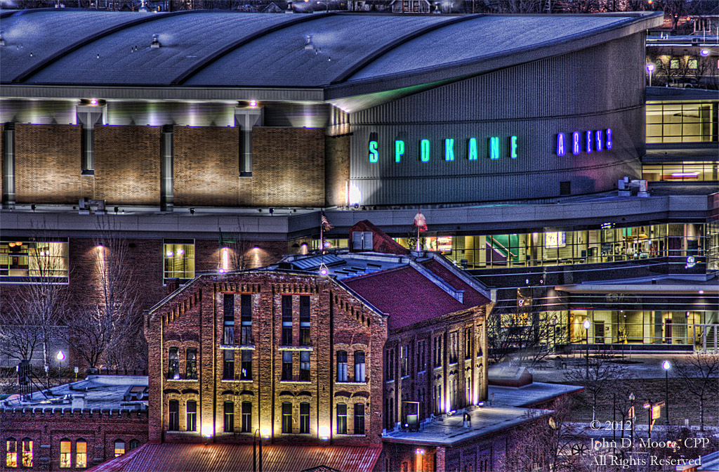 A view toward the Spokane Veterans Arena, from the rooftop of the Old National Bank building.  