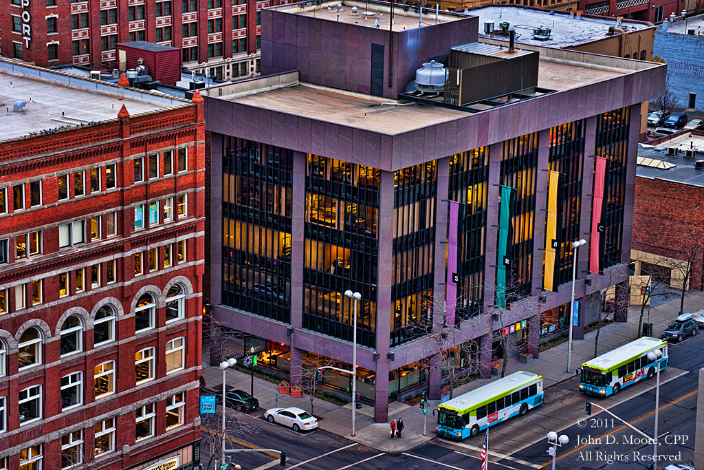 A sunset view to the southwest, the SRBC building on Riverside.