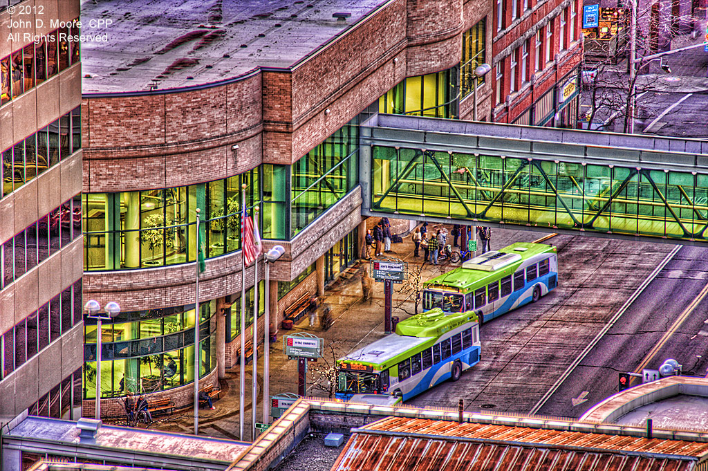 A sunset view toward the Spokane Transit authorities building in Spokane's downtown.