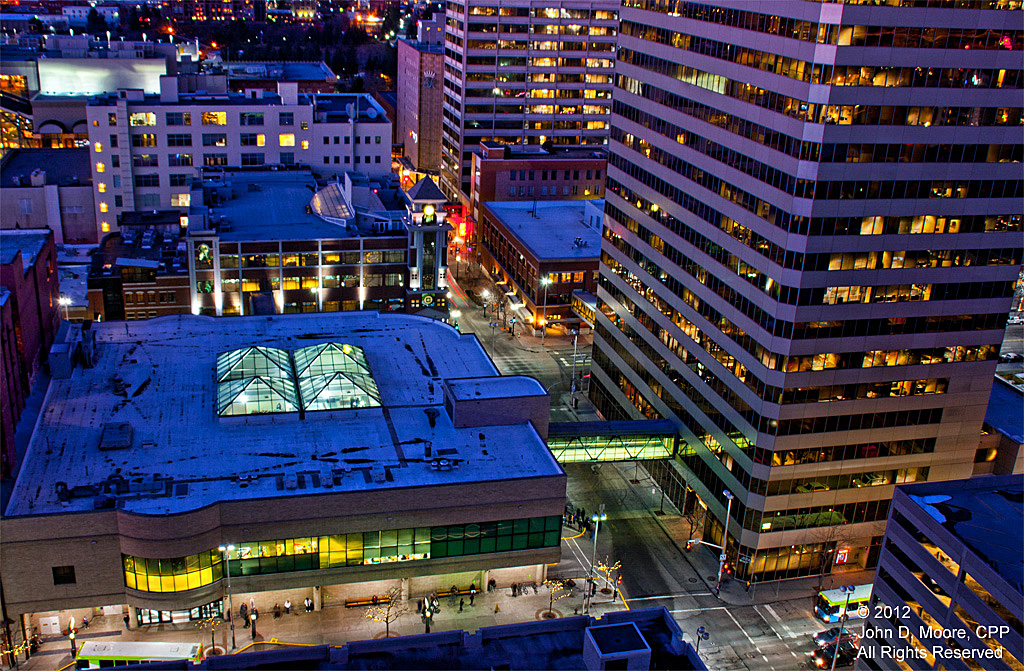 A north view of downtown Spokane from the roof of the Davenport Hotel Tower