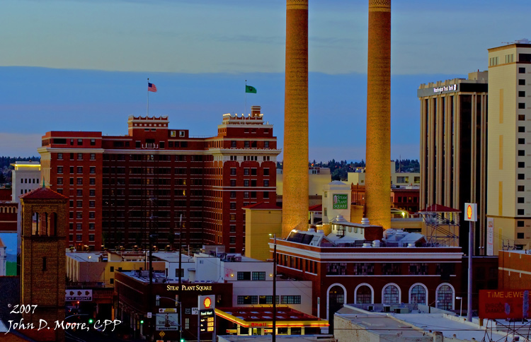 Just after sunset, a view of the Steamplant Square, and the Davenport Hotel, Spokane Washington