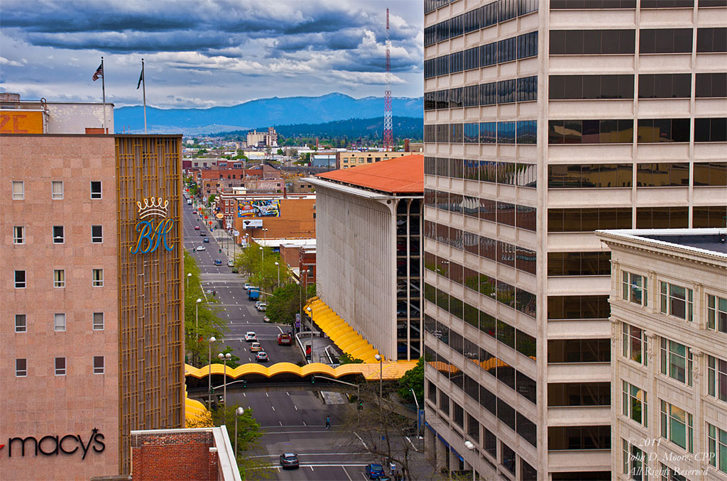 Looking east on Main Street, past the Bon Marche building (Macys).