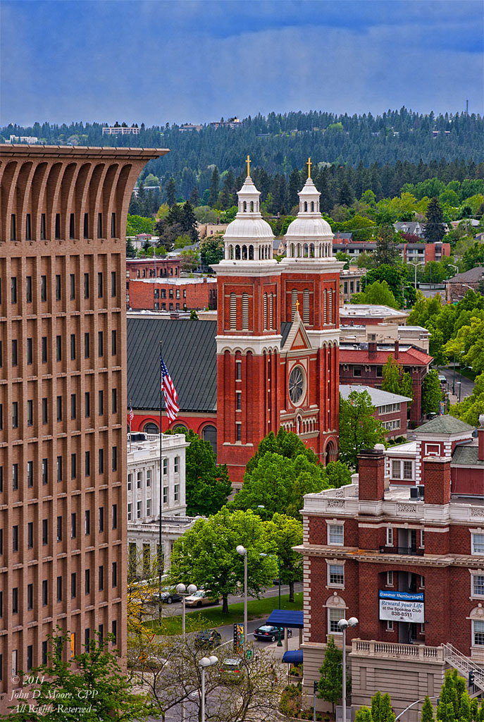 A look toward the Spires of our Lady of Lourdes cathedral on west Riverside Avenue in downtown Spokane. 
