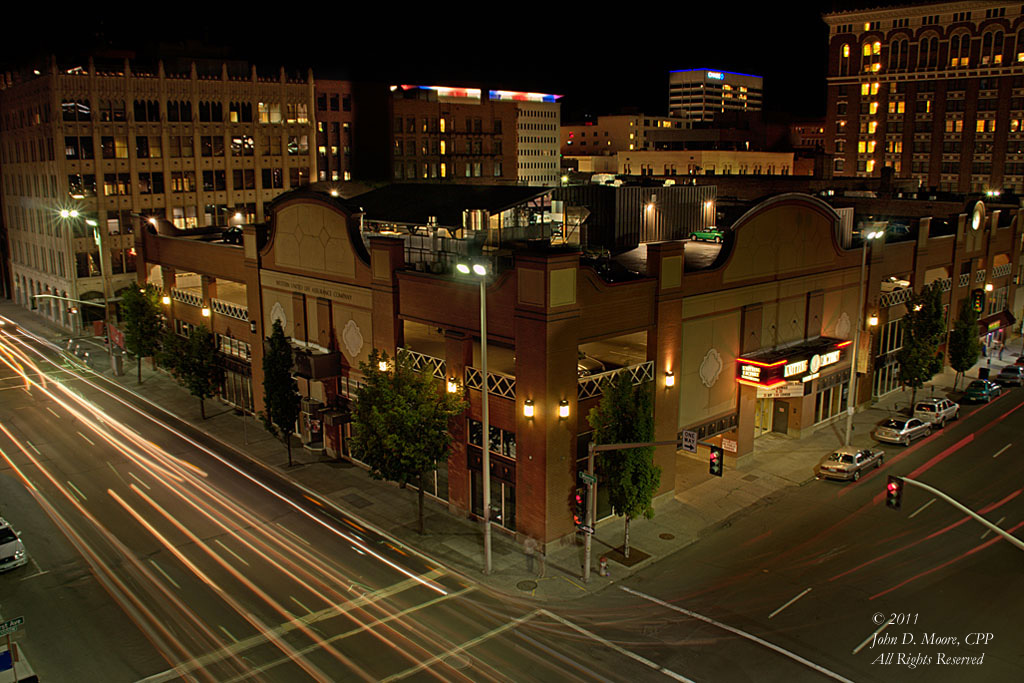 First and Monroe Streets, looking down at the Knitting Factory Building in downtown Spokane.