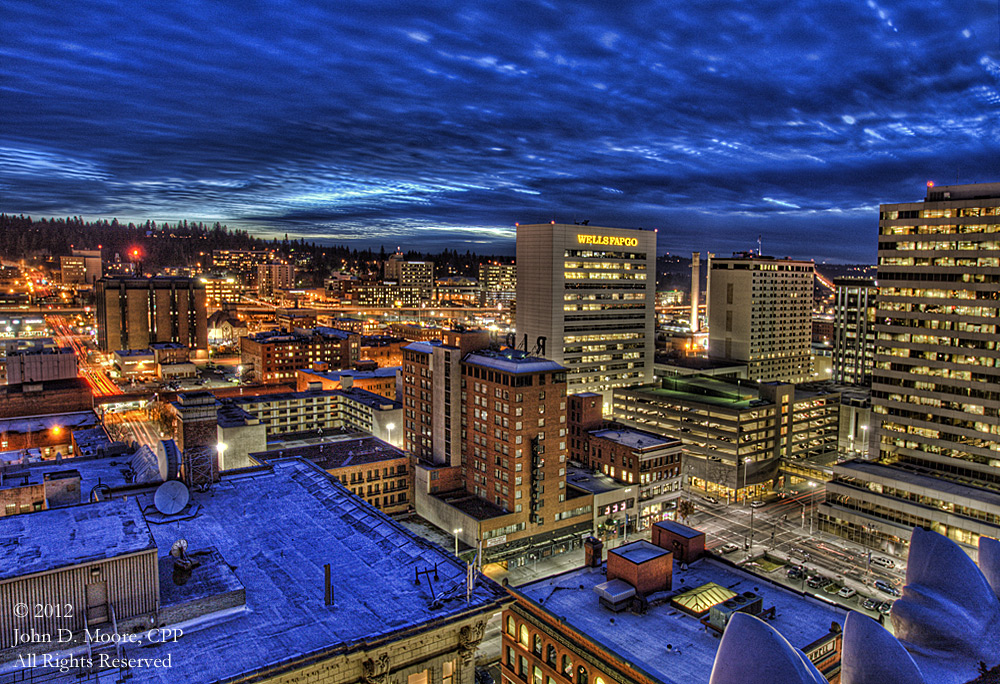 A look to the southwest in downtown Spokane, from the southern rooftop of the Old National Bank