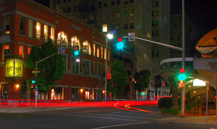 Southbound traffic at Main and Stevens, in downtown Spokane.