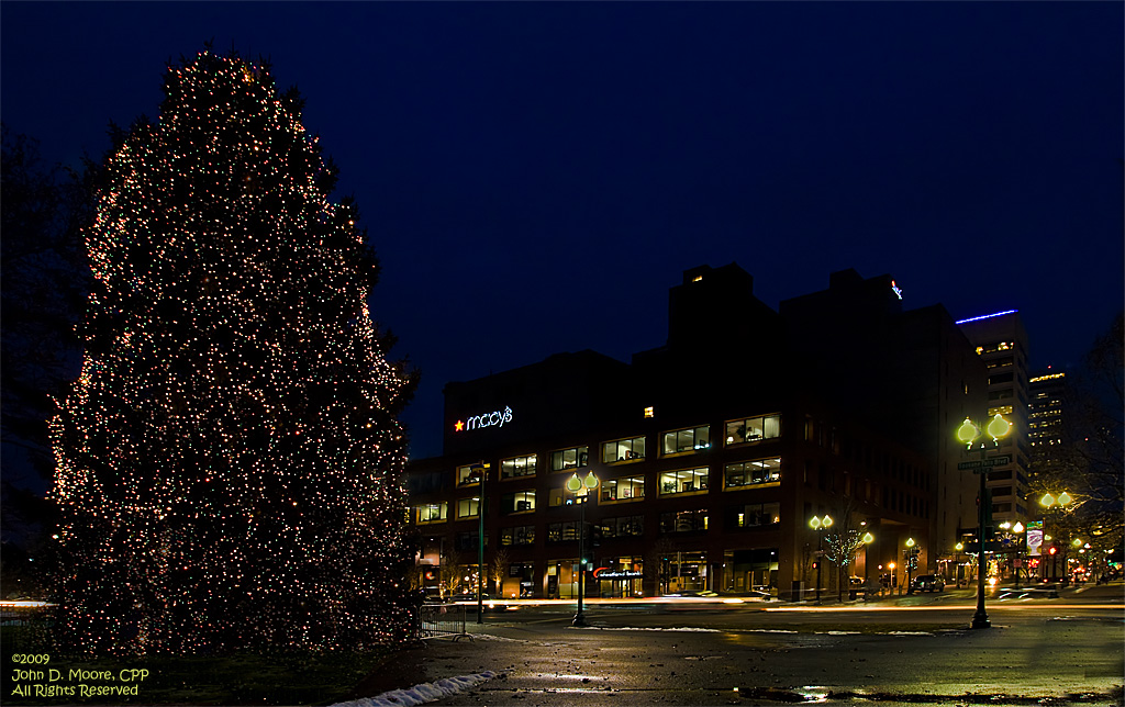 Spokane's 2009 lighted holiday tree at the south end of Riverfont Park.  Spokane, Washington