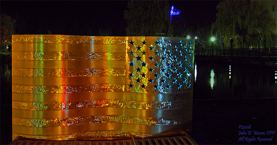 A stainless steel sculpture of the US flag. Spokane, Washington