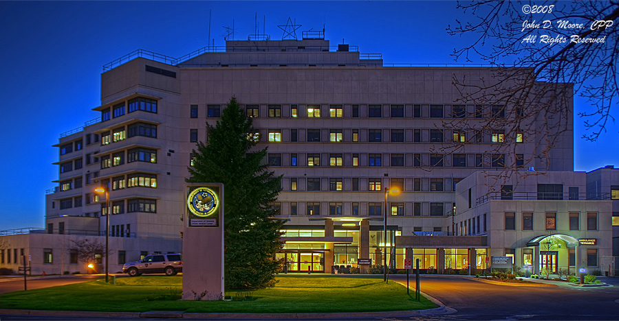 At the entrance to the Spokane Department of Veterans Affairs Medical Center.  