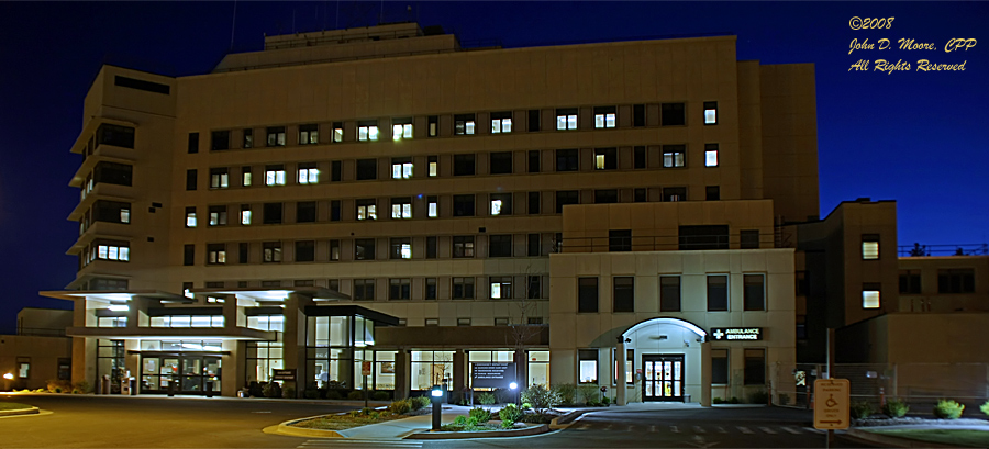 At the entrance to the Spokane Department of Veterans Affairs Medical Center.  