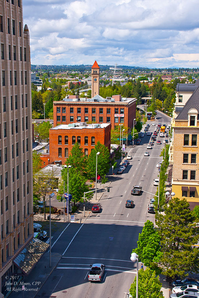 North Washington Street view, toward Spokane's Riverfront Park.