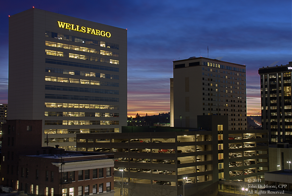  A  view of the Wells Fargo Bank building from the rooftop of the Fernwell building.  Spokane, Washington