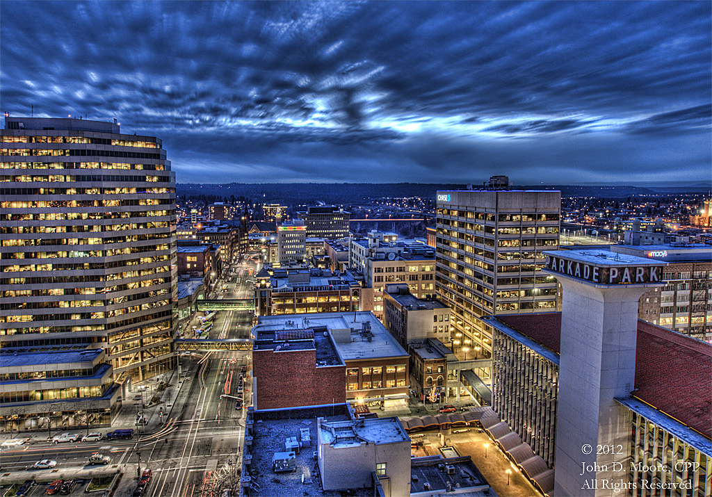 A look to the west in downtown Spokane, from the southern rooftop of the Old National Bank building