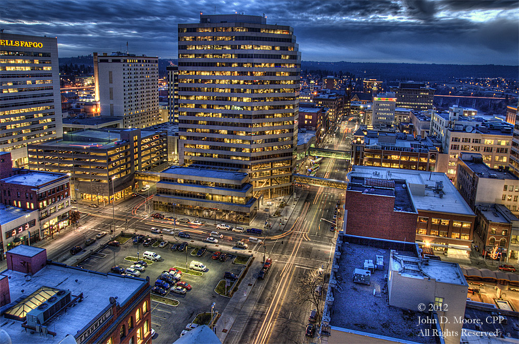A look to the west in downtown Spokane, from the southern rooftop of the Old National Bank building.