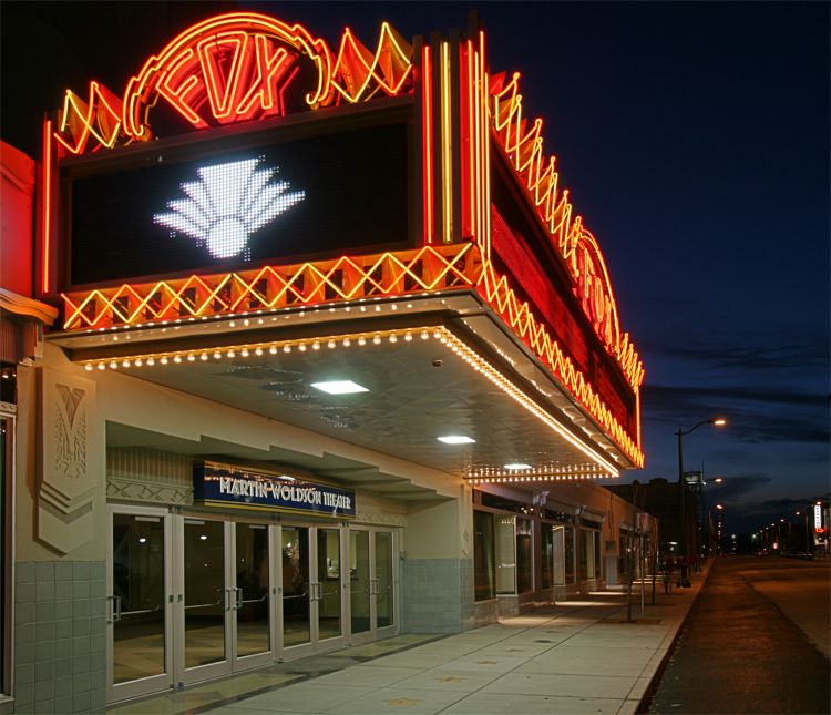 Looking west, past the Fox Theater in downtown Spokane, Washington