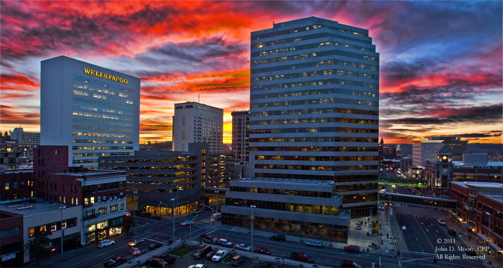 A  view of the Wells Fargo Bank building and the Bank of America building