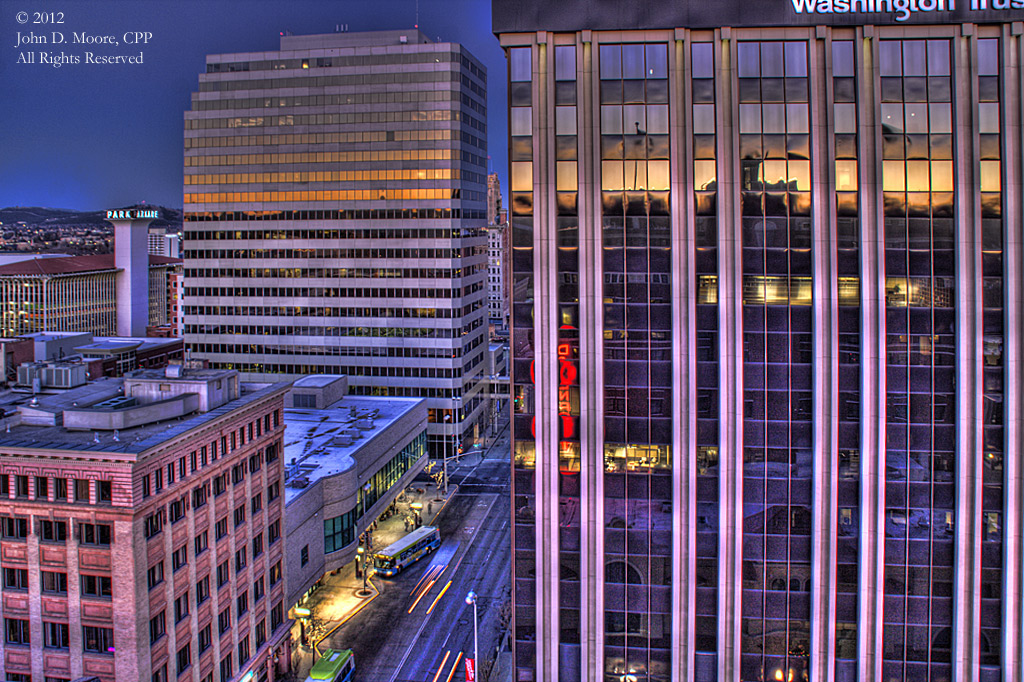 A sunset view toward the northeast portion of Spokane's downtown.