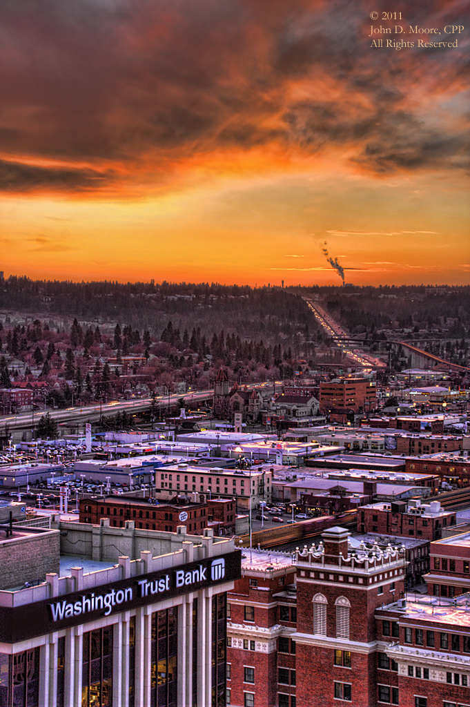 Spokane's Washington Trust Bank building and I90 from the west winding through downtown Spokane, Washington